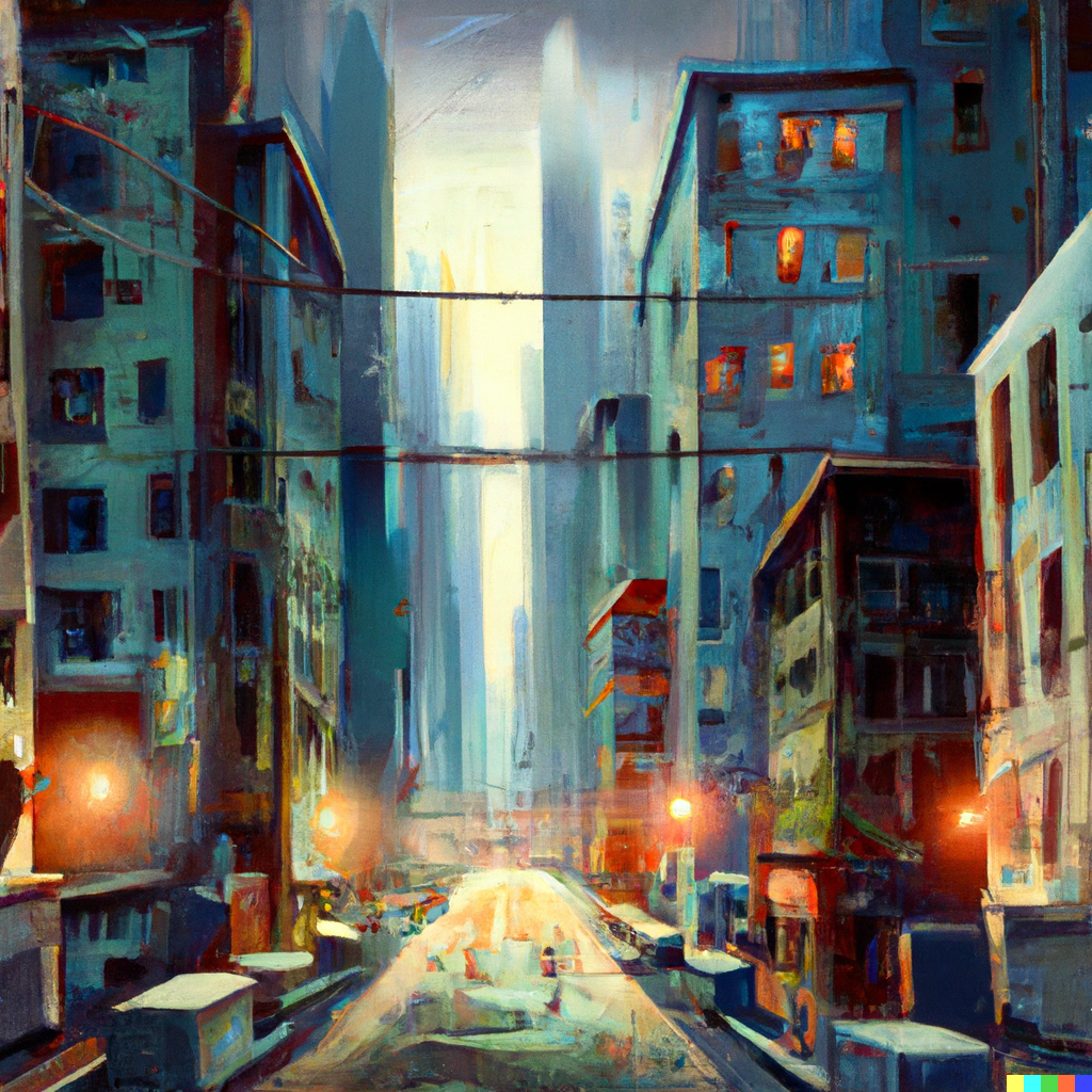 realistic painting of a scene of a modern city in a western world which depicts joys and possibilities